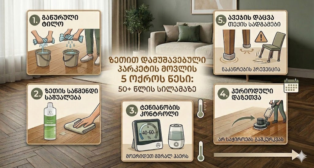 როგორ მოვუაროთ ზეთით დამუშავებულ პარკეტს? – 5 ოქროს წესი